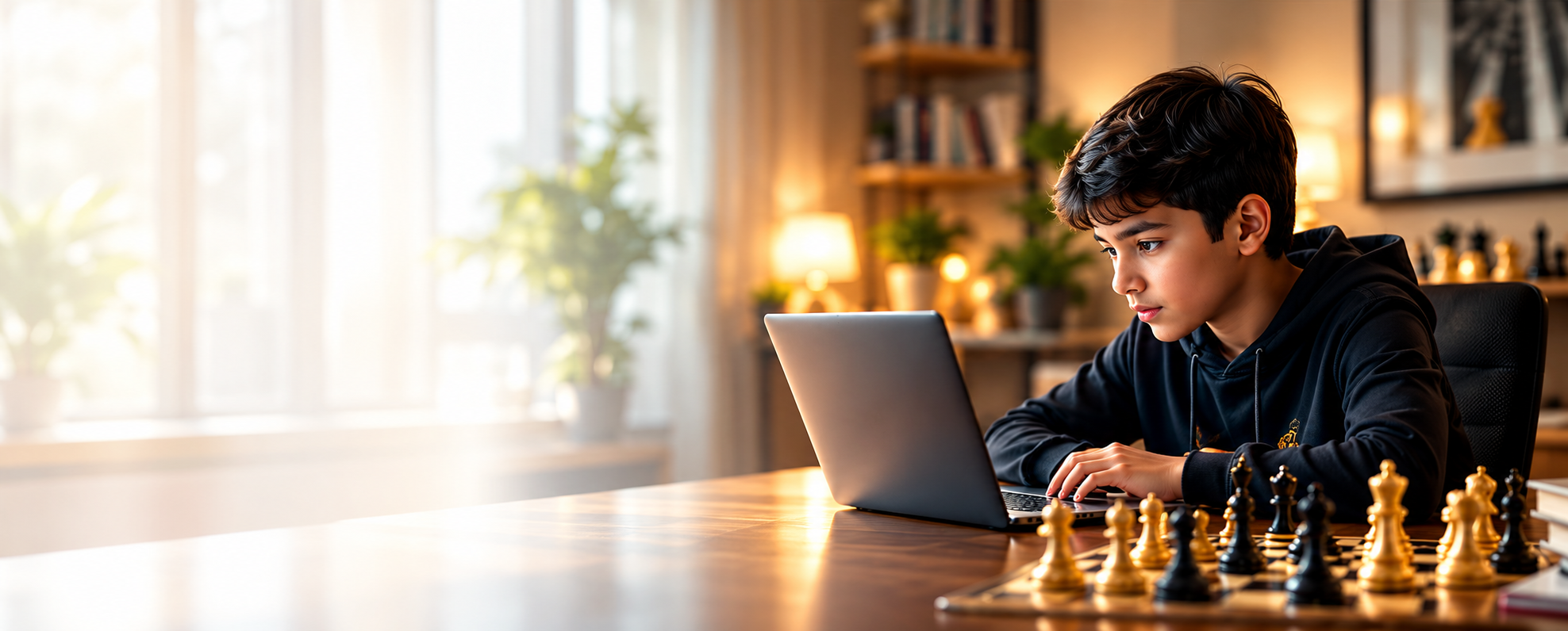 Student studying chess beside a board
